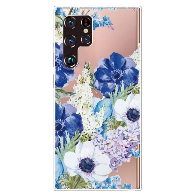 Kuori Samsung Galaxy S22 Ultra 5G Watercolour Blue Flowers