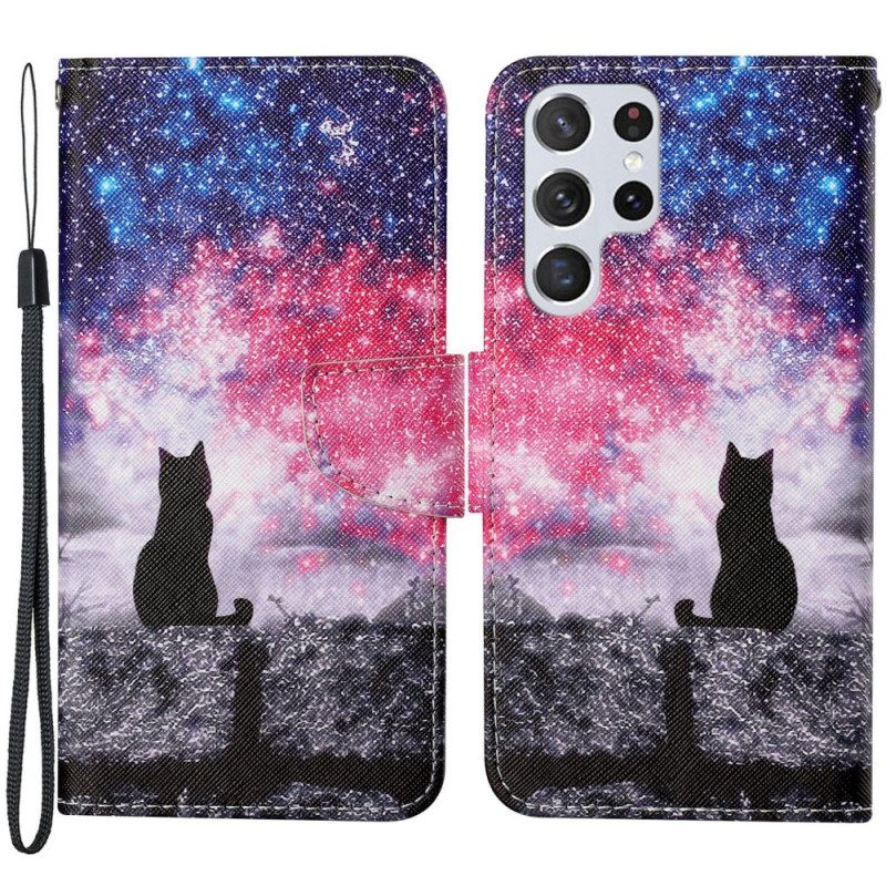 Nahkakotelo Samsung Galaxy S22 Ultra 5G Cat Stories With Lanyard