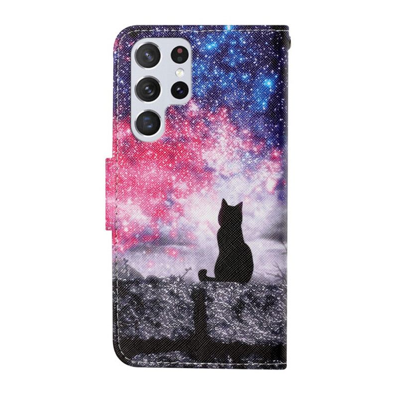 Nahkakotelo Samsung Galaxy S22 Ultra 5G Cat Stories With Lanyard