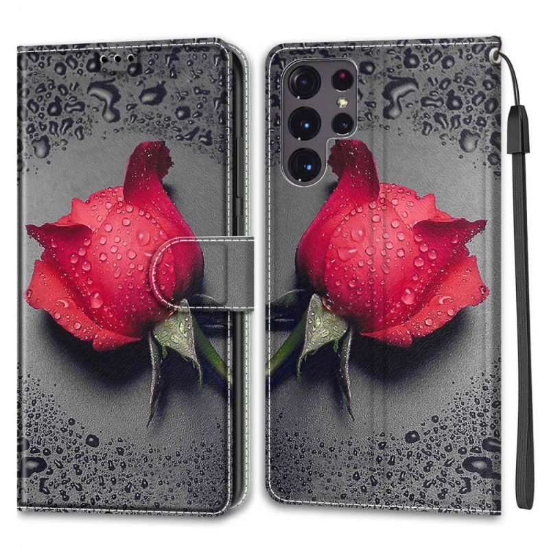 Nahkakotelo Samsung Galaxy S22 Ultra 5G Roses Kaulanauhalla