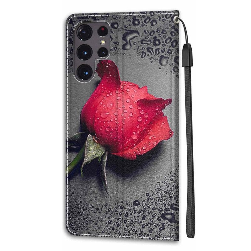 Nahkakotelo Samsung Galaxy S22 Ultra 5G Roses Kaulanauhalla