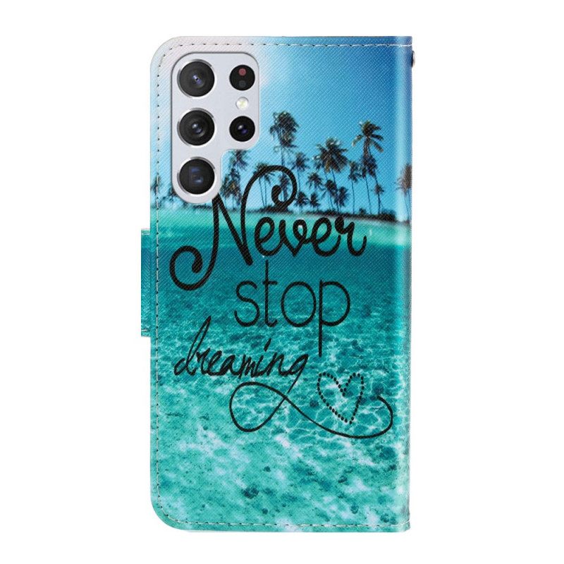 Nahkakotelo Samsung Galaxy S22 Ultra 5G Suojaketju Kuori Never Stop Dreaming Navy Strappy