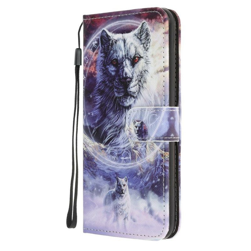 Flip Case Huawei P40 Lite 5G Wolf Talvella Kaulanauhan Kanssa