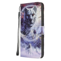 Flip Case Huawei P40 Lite 5G Wolf Talvella Kaulanauhan Kanssa