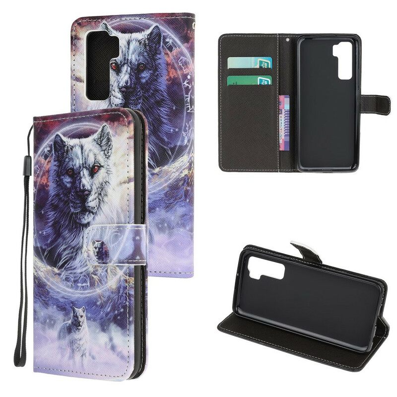 Flip Case Huawei P40 Lite 5G Wolf Talvella Kaulanauhan Kanssa