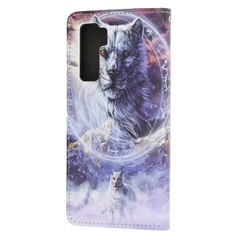 Flip Case Huawei P40 Lite 5G Wolf Talvella Kaulanauhan Kanssa