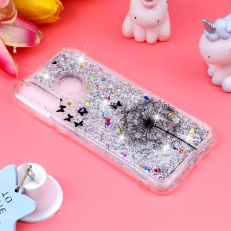 Case Huawei P30 Lite Transparent Dandelion Black Glitters