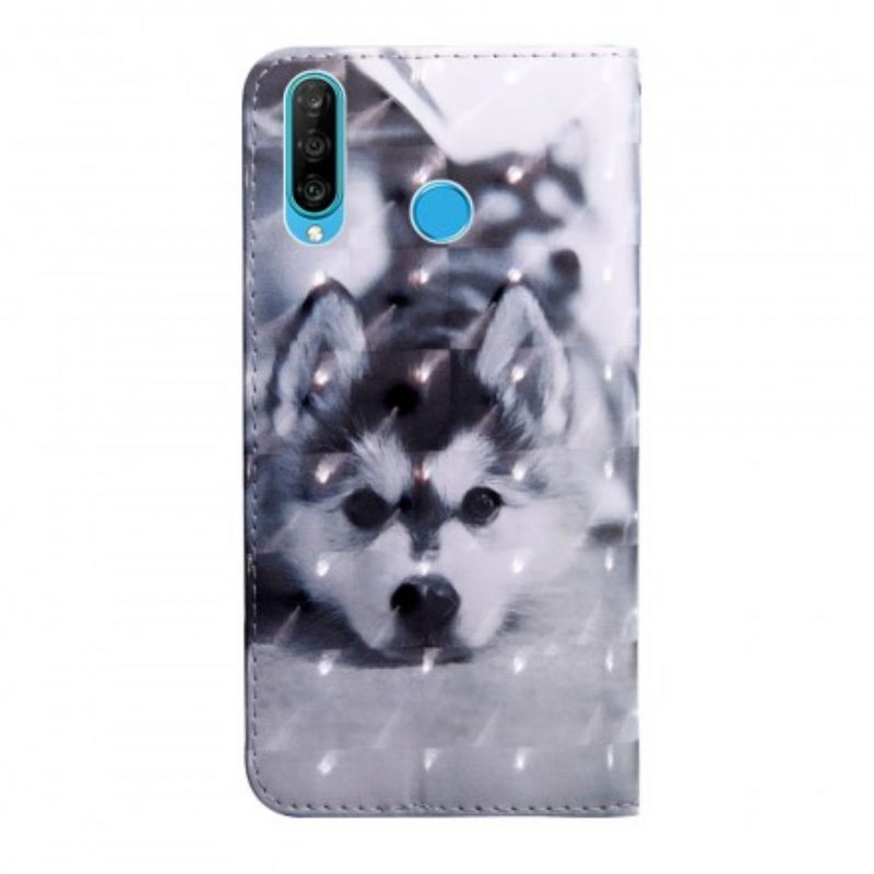 Flip Case Huawei P30 Lite Mustavalkoinen Koira