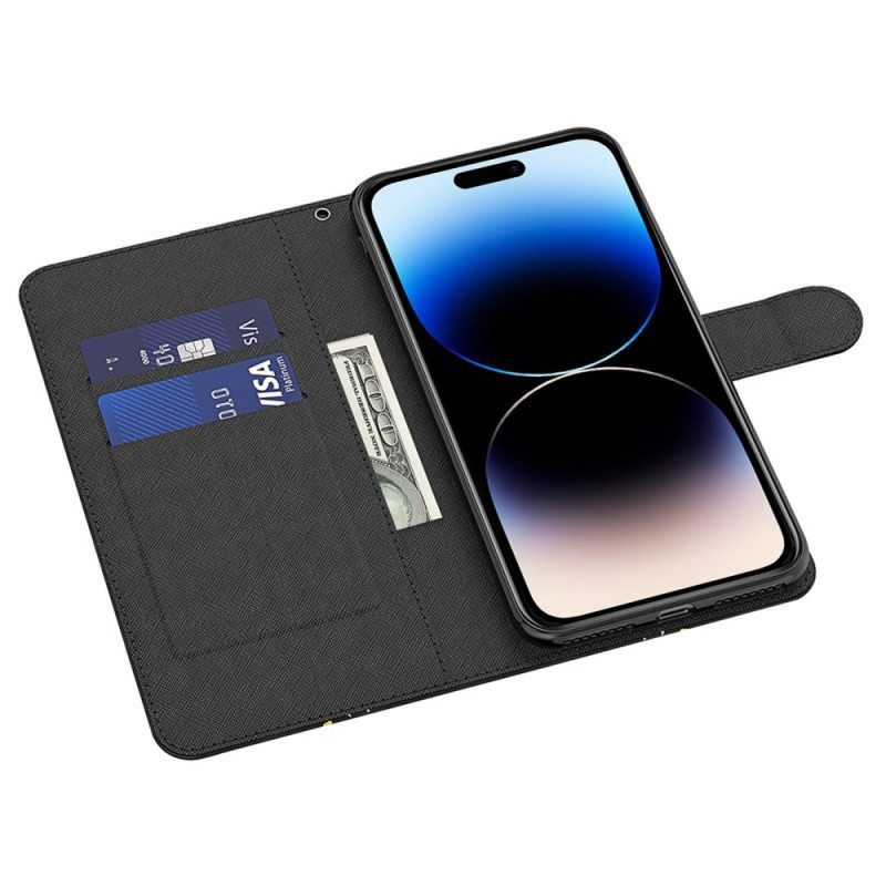 Flip Case iPhone 15 Pro Max Suojaketju Kuori 3d-perhoset Kaulanauhalla