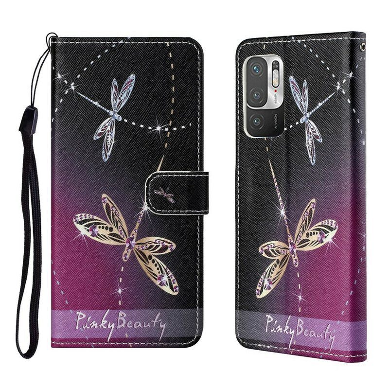 Flip Case Poco M3 Pro 5G Suojaketju Kuori Strappy Dragonflies