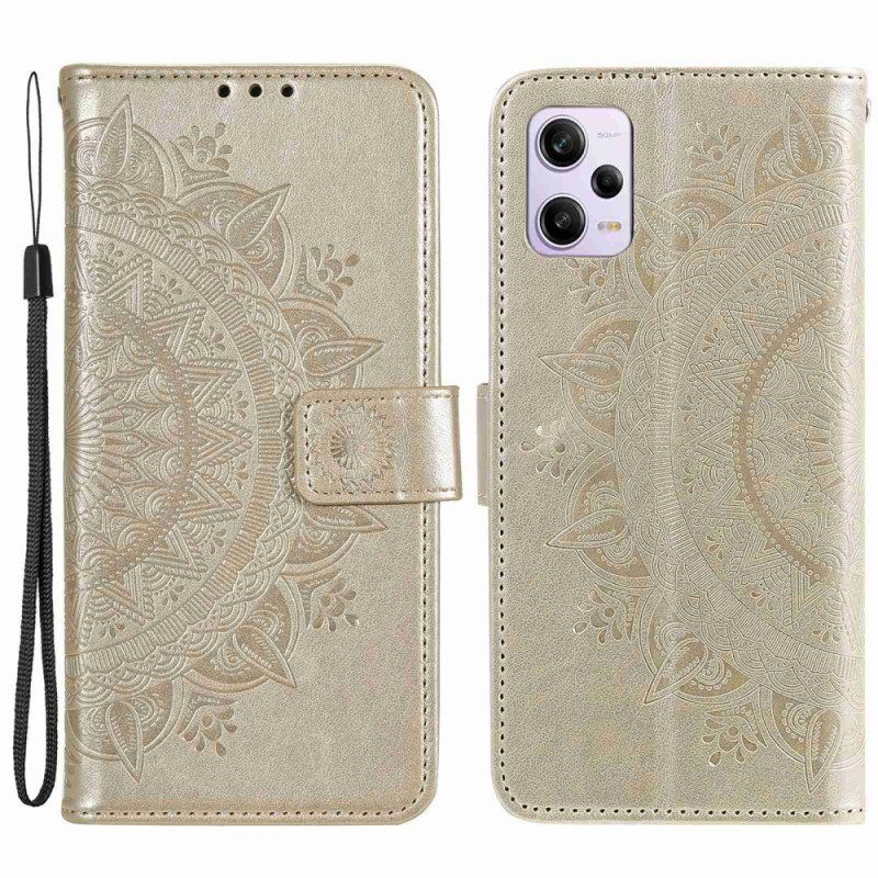 Flip Case Poco X5 Pro 5G Mandala-aurinko Kaulanauhalla