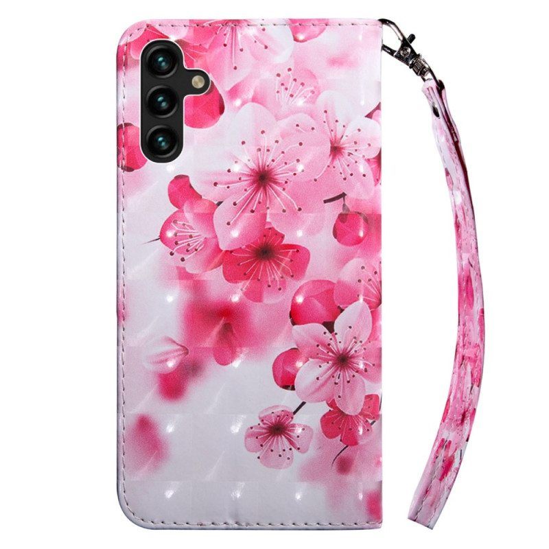 Flip Case Samsung Galaxy A14 / A14 5G Suojaketju Kuori Olkaimet Vaaleanpunaiset Kukat