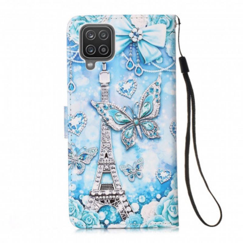 Flip Case Samsung Galaxy M12 / A12 Suojaketju Kuori Eiffel-tornin Perhoshihna