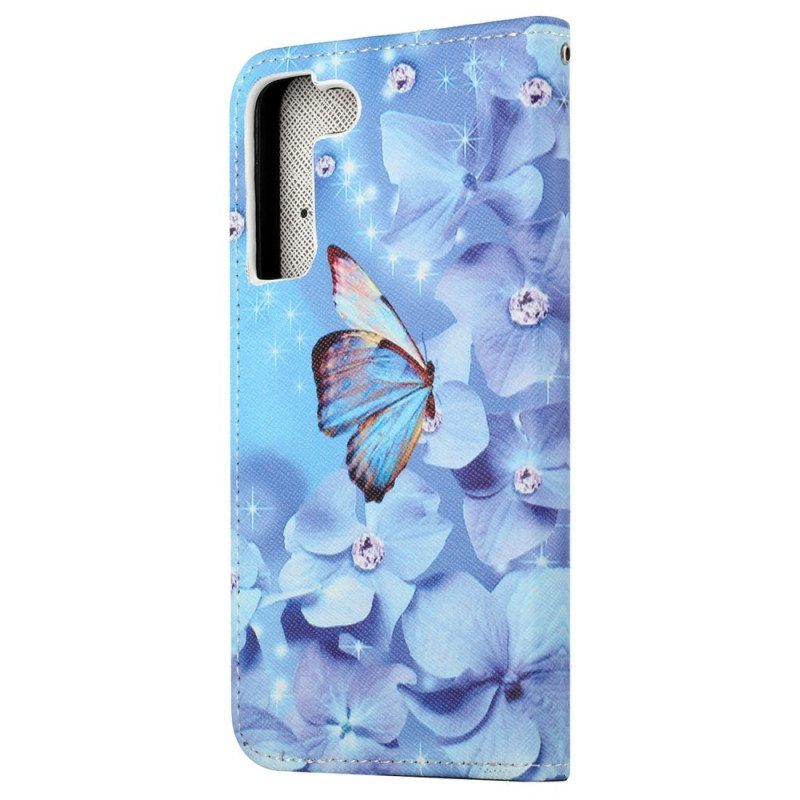 Flip Case Samsung Galaxy S23 5G Suojaketju Kuori Strappy Diamond Perhoset