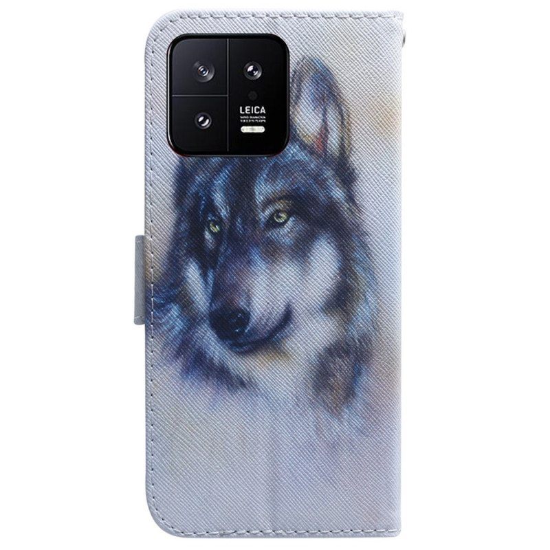 Flip Case Xiaomi 13 Suojaketju Kuori Strappy Watercolour Wolf