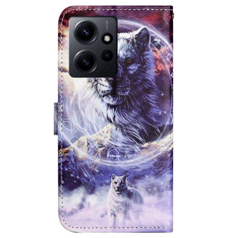 Flip Case Xiaomi Redmi Note 12 4G Suojaketju Kuori Strappy Snow Wolf