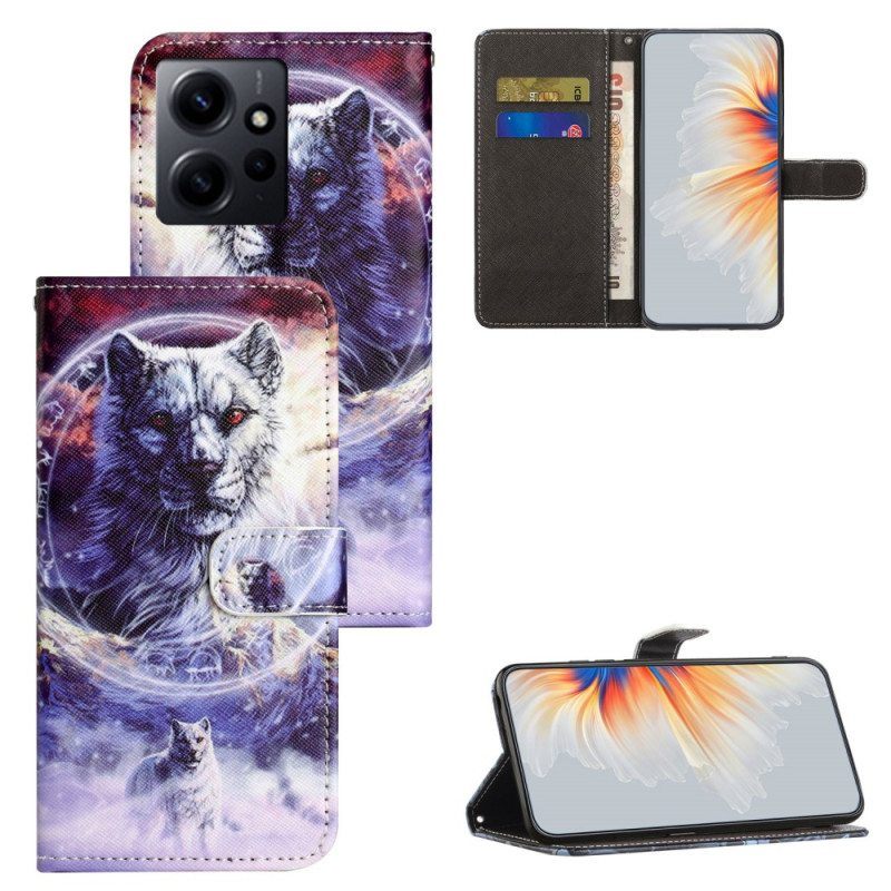 Flip Case Xiaomi Redmi Note 12 4G Suojaketju Kuori Strappy Snow Wolf