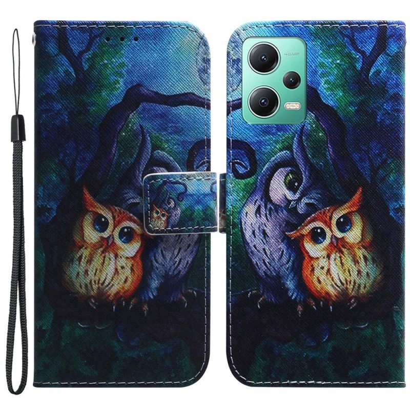 Flip Case Xiaomi Redmi Note 12 5G Suojaketju Kuori Strappy Owls -maalaus