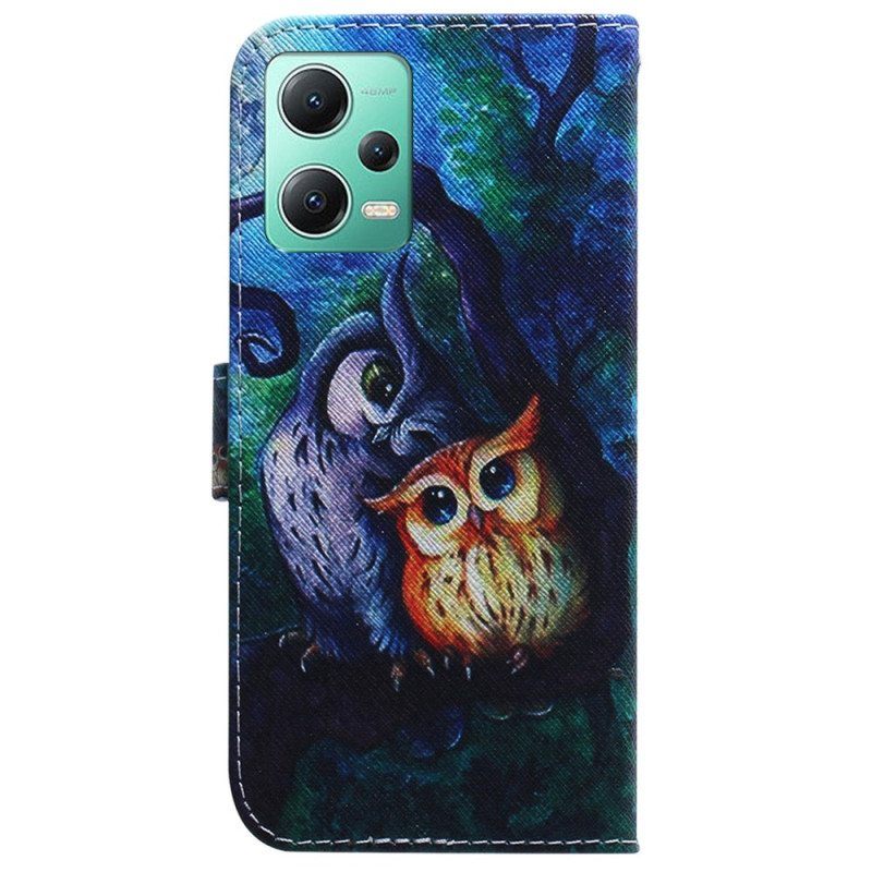 Flip Case Xiaomi Redmi Note 12 5G Suojaketju Kuori Strappy Owls -maalaus