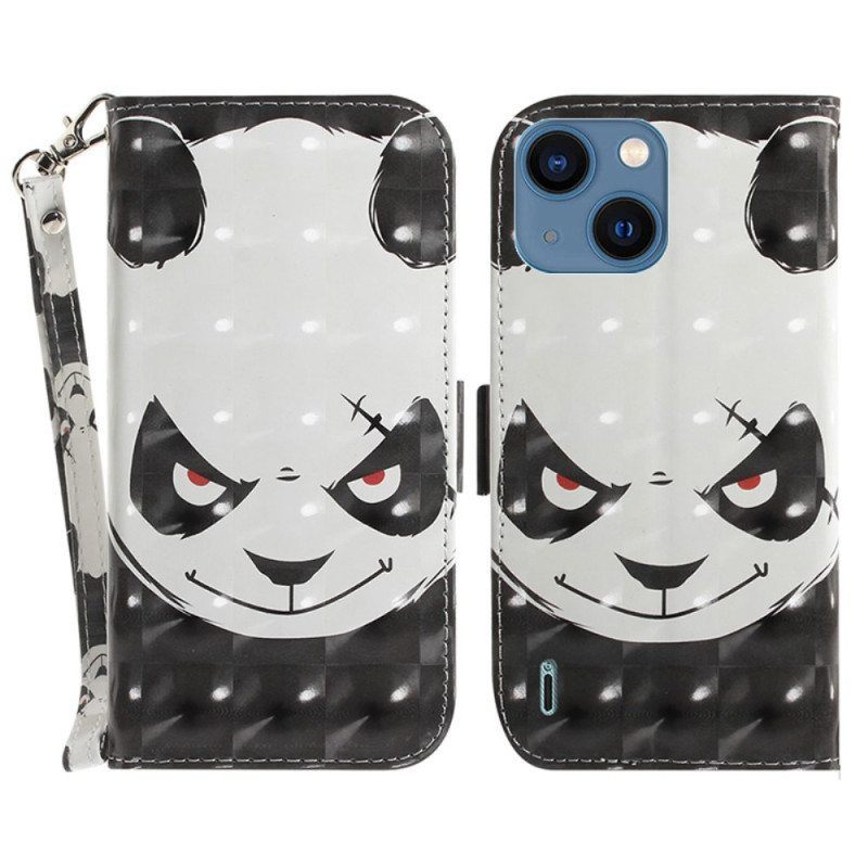 Nahkakotelo iPhone 15 Plus Suojaketju Kuori Vihainen Panda Hihnalla