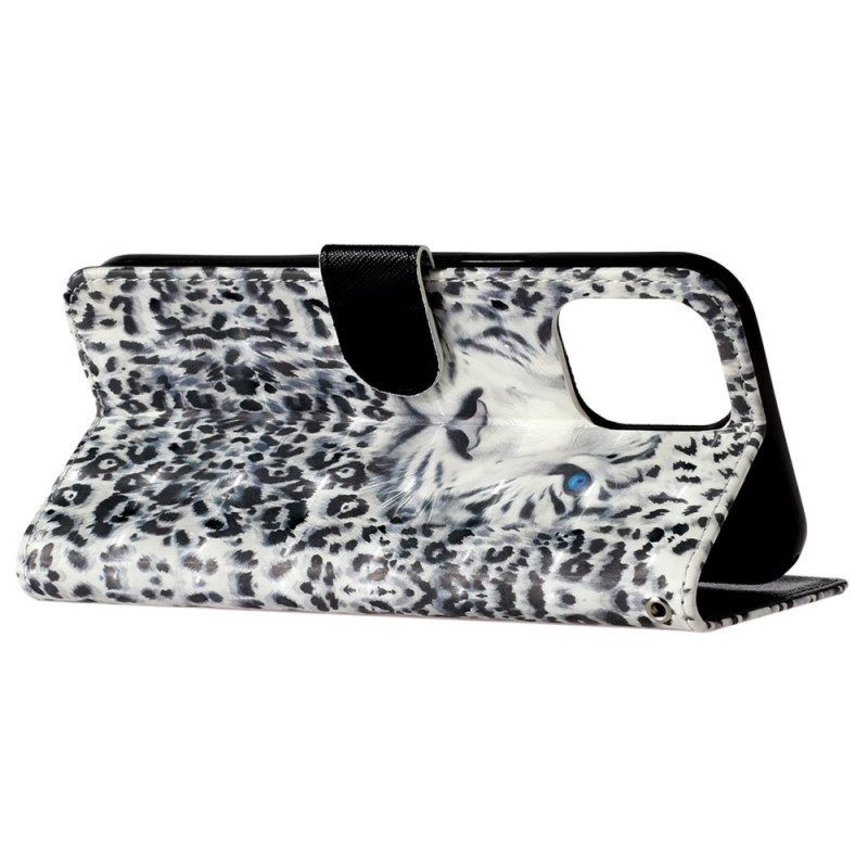 Nahkakotelo iPhone 15 Pro Max Suojaketju Kuori 3d Leopard Hihnalla