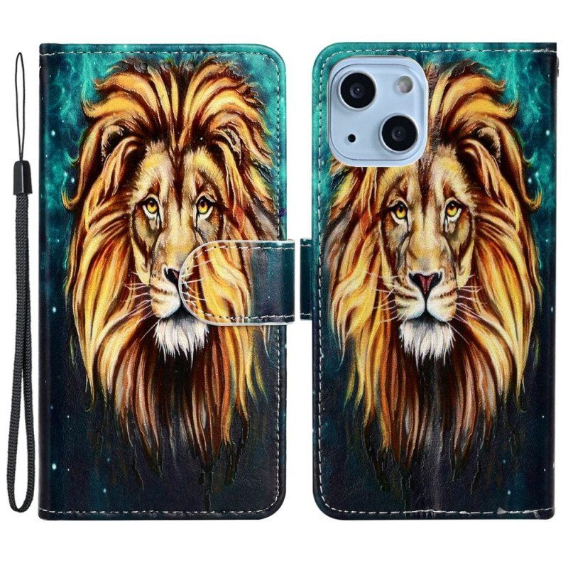 Nahkakotelo iPhone 15 Suojaketju Kuori Lion Graphic Kaulanauha