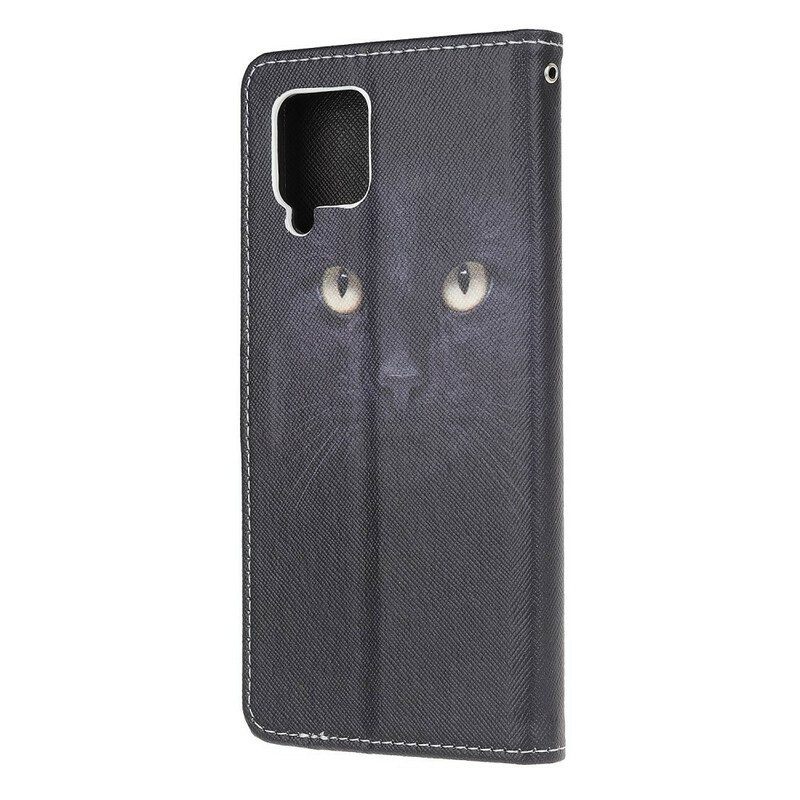 Nahkakotelo Samsung Galaxy M12 / A12 Suojaketju Kuori Strappy Black Cat Eyes