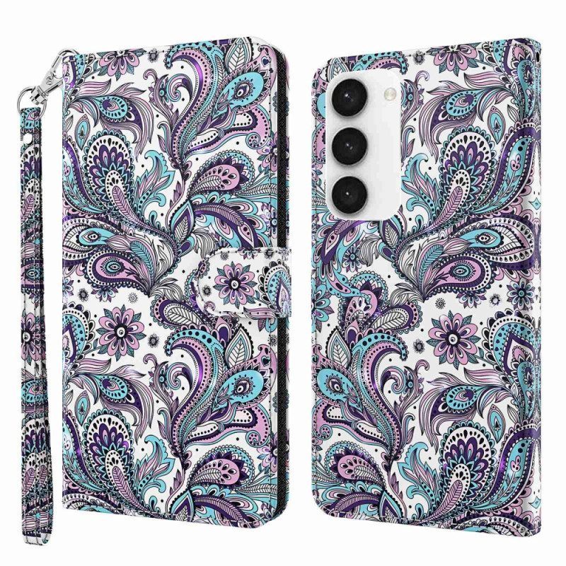 Nahkakotelo Samsung Galaxy S23 5G Suojaketju Kuori Strappy Paisley -kuvio