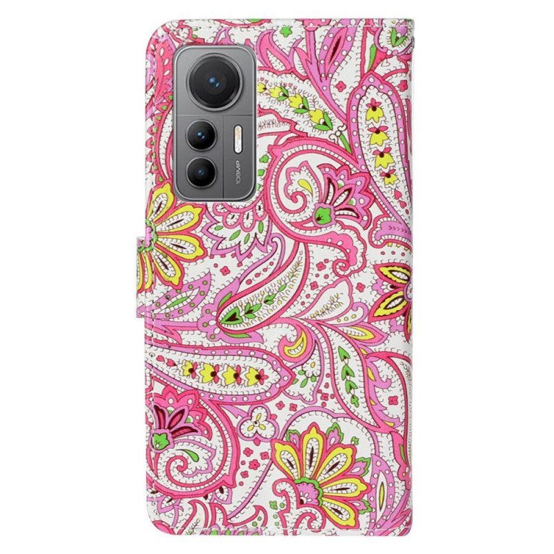 Nahkakotelo Xiaomi 12 Lite Suojaketju Kuori Strappy Paisley -kuvio